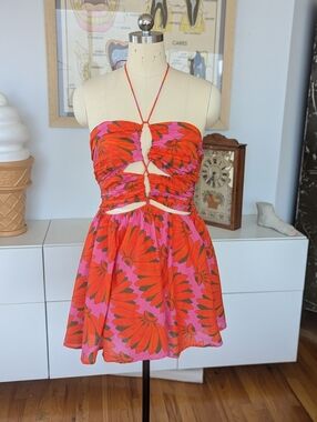 FARM Rio Copacabana Ruched Cutout Halter Neck Cotton Minidress in XL